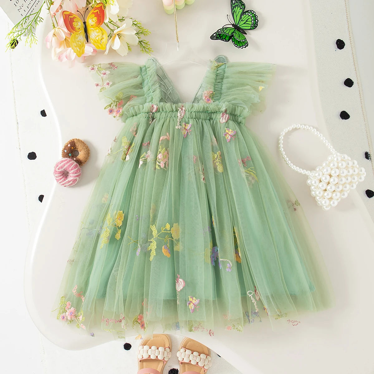 Baby Girl Dress Summer Mesh Cherry Girl Dress Cute Back Wings Wedding Flower Girl Dress Baby Girl Clothing