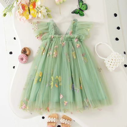 Baby Girl Dress Summer Mesh Cherry Girl Dress Cute Back Wings Wedding Flower Girl Dress Baby Girl Clothing