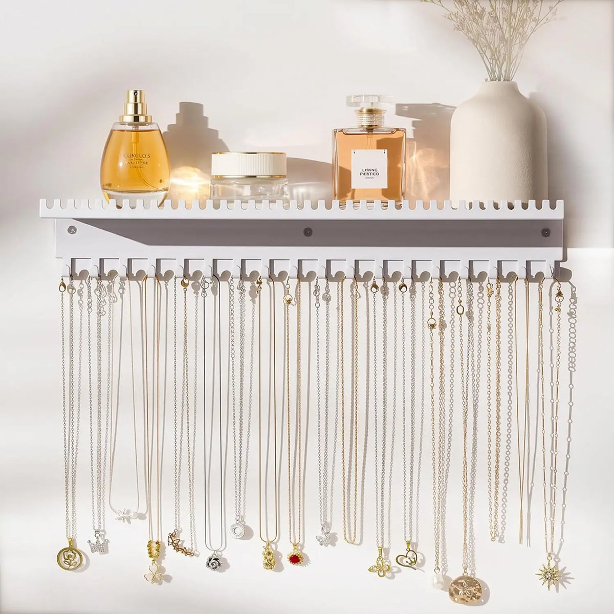 Necklace Holder Wall Hanging Organizer: Wall Mounted Jewelry Shelf with 56 Hooks and Tray, Display Hanger for Kids,
