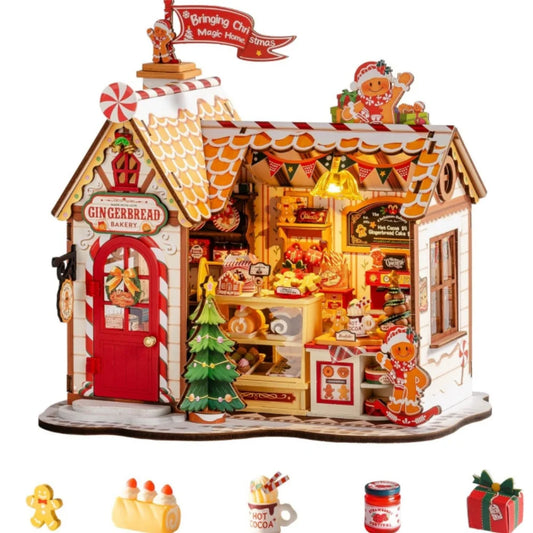 Rolife DIY Miniature House Kit Christmas Gingerbread House 250-Piece Model Kit Dolls House for Teens Adults No Glue