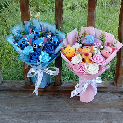 Anime Winnie the Pooh Pig Elephant Handmade Flower Bouquet Plush Doll Wedding Graduation Valentine Christmas Birthday Gifts