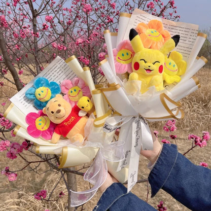 Genuine Winnie The Pooh Stitch Pikachu Plush Dolls With Sunflowers Creative Flower Bouquets Christmas Birthday Gifts For Girls