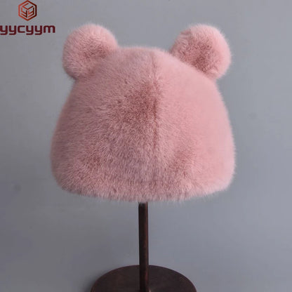 Winter Luxury Faux Mink Fur Beanies Caps Women's Earmuffs Fashion Warm Cap Berets Faux Mink Fur Brim 2026 Fashion Warmer Cap
