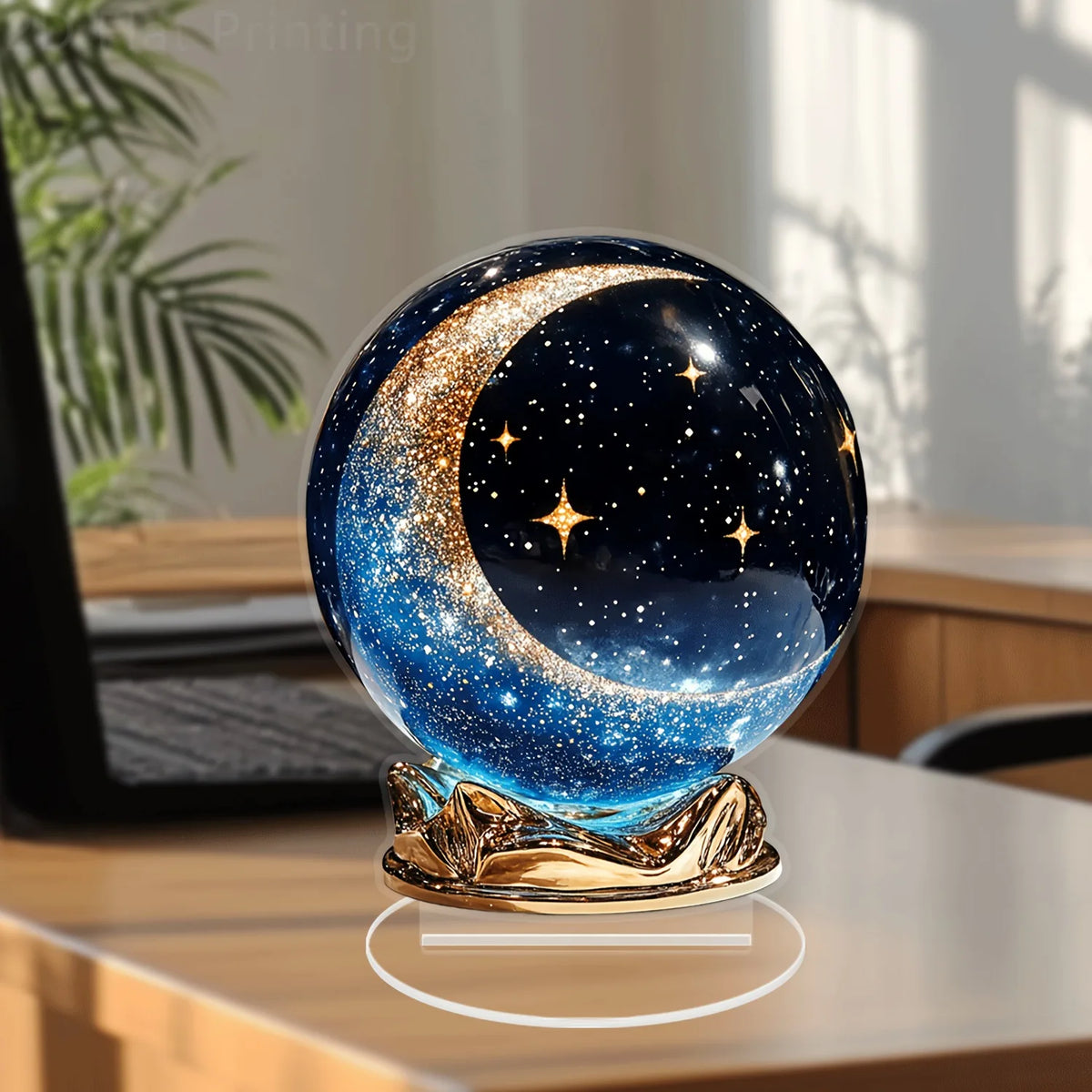 Bohemian crystal ball decor on a tabletop with a moon and star design, perfect for home and office decoration.