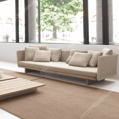 Woven Rattan Outdoor Sofa with Solid Wood Base, Weather-Resistant Patio Couch, 3-Seater Lounge Sofa for Balcony & Garden