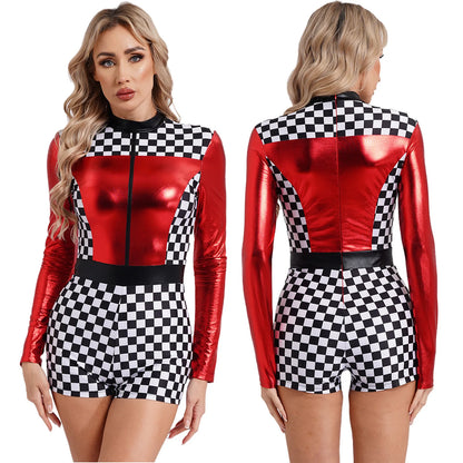 Women's Race Car Driver Romper Bodysuit Halloween Cosplay Costumes Theme Checkerboard Print Long Sleeve Boyshorts Racer Jumpsuit