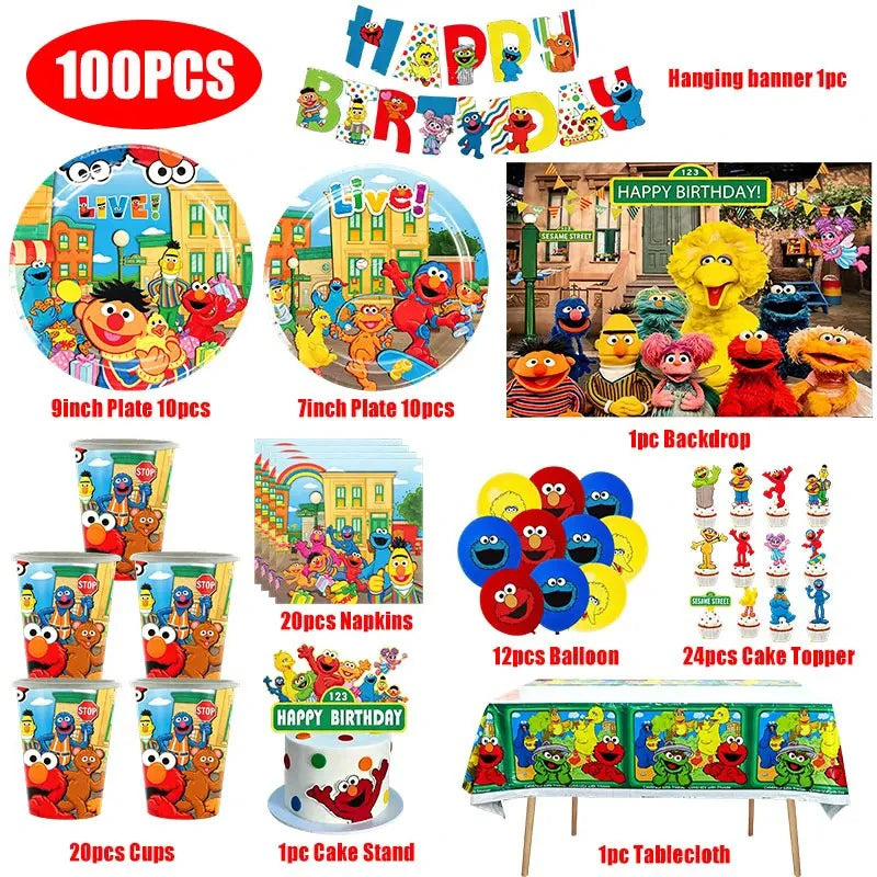 Birthday Party Decoration Set Supplies Cartoon Sesame Streets Birthday Party Supplies Tableware Balloon Cake Topper Banner Plate