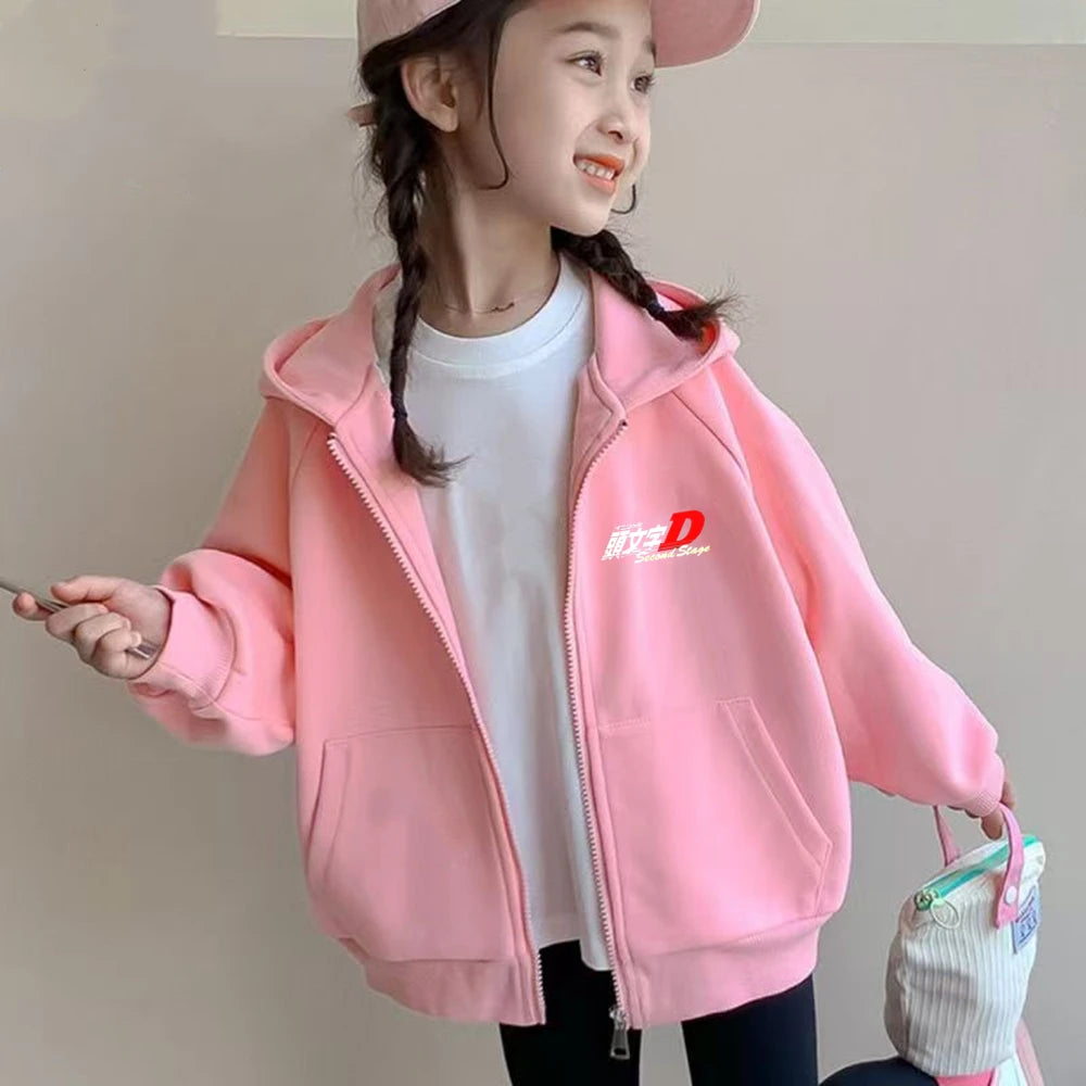 Children Age 3-12 Hoodies Zipper Cardigan Tops Boy Black Girls Pink Leisure Coat Long Sleeve Hooded Japanese Manga Racing Movie