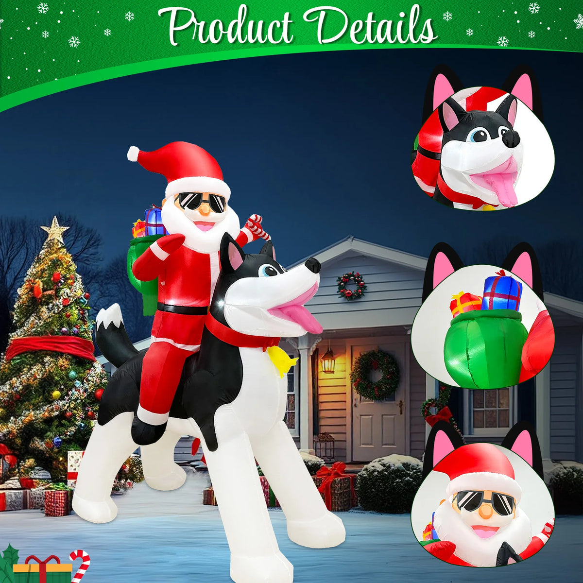 8FT inflatable Christmas outdoor decoration, Santa Claus riding a husky, fun Christmas patio decoration