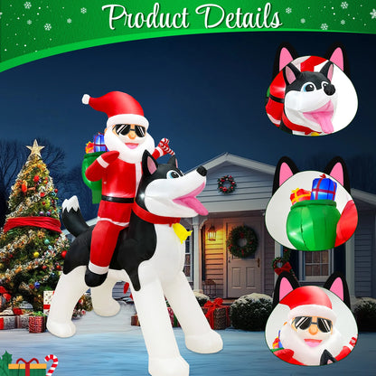 8FT inflatable Christmas outdoor decoration, Santa Claus riding a husky, fun Christmas patio decoration