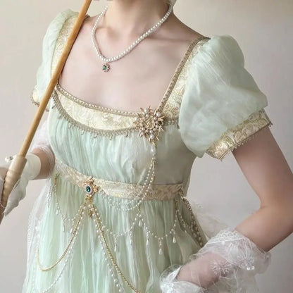 Handmade Regency Empire Waist Lolita Gown Women Vintage Green Beaded Lace Formal Dress Harajuku Elegant Party Outfit Chic Retro