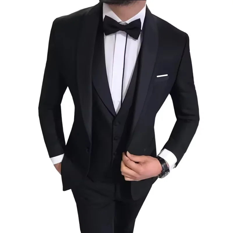 White Slit Mens Suits 3 Piece Black Shawl Lapel Casual Groom Tuxedos for Wedding Groomsmen Suits Men 2025 (Blazer+Vest+Pant)
