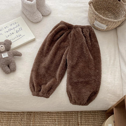 Solid Color Simple Casual Trousers Children's Home Clothes Autumn Winter Warm Plush Long Pant Baby Girls Boys Clothing Pants