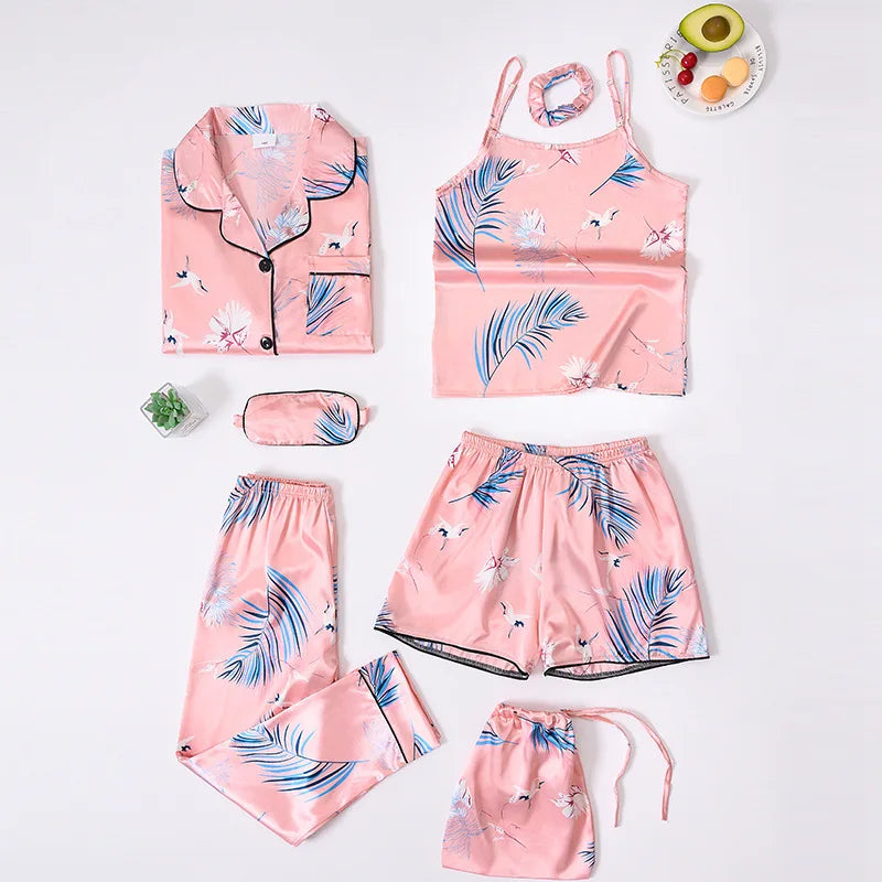 Kids Silk Like Striped Pajama Set 7 Piece Homewear All Season Wear Comfortable Sleepwear Outfit Girl Clothes