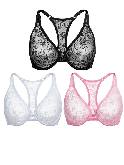 Front Button Women's Bra Lace Sheers Unpadded Sexy Lingerie BH Tops Flower Knitting Brassiere Underwire Underwear Plus Size Bras
