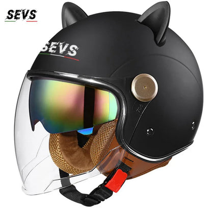 Motorcycle Helmet Retro 3C & DOT Certified Half Face ABS Helmet Dual Visor Hidden Sun Shield Removable Cute Cat Ears