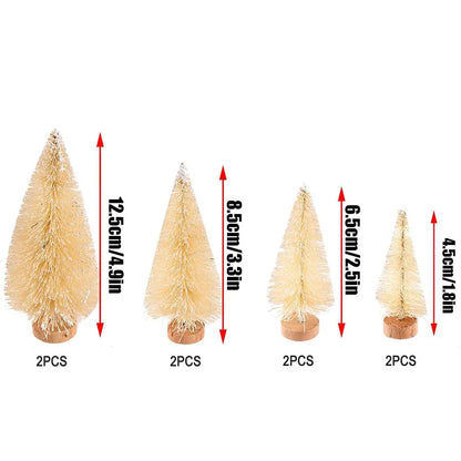8PCS Mini Christmas Pine Tree Decorations with Wooden Base Sisal Silk Bottle Brush Trees For Xmas Party Happy New Year