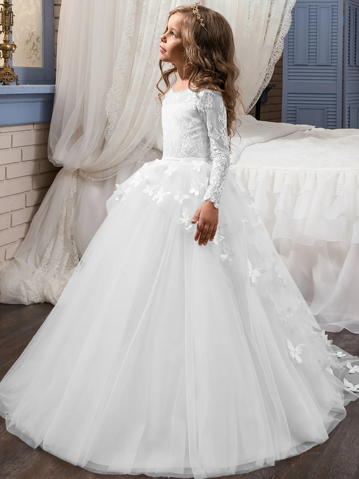Elegant and Lovely butterfly Floor Mopping Flower Girl Wedding Dress, Lace Long-Sleeved Ball Dress