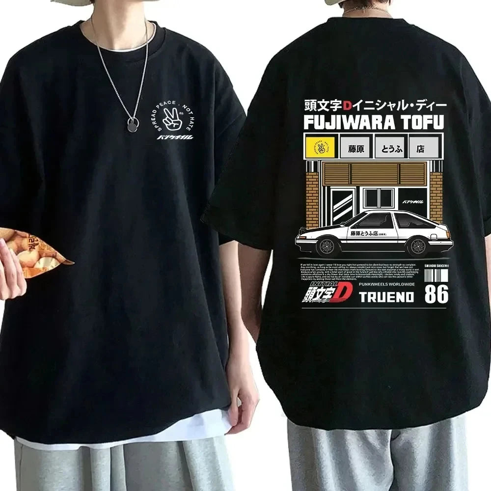 Anime Drift AE86 Initial D Double Sided T Shirt O-Neck Short Sleeves Summer Unisex R34 Skyline GTR JDM Manga T-Shirts 71775