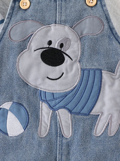 Baby Boy Striped T-Shirt + Cartoon Bear Denim Overalls Set, Cute Summer Casual Outfit for Going Out