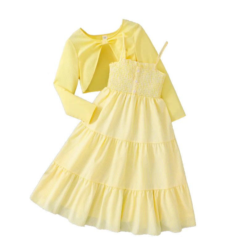 Kid Girl Long Sleeve Bow Design Coat & Beige All Print Shirred-Bodice Sling Dress Set Cute Sweet Elegant Princess Dress For Kids