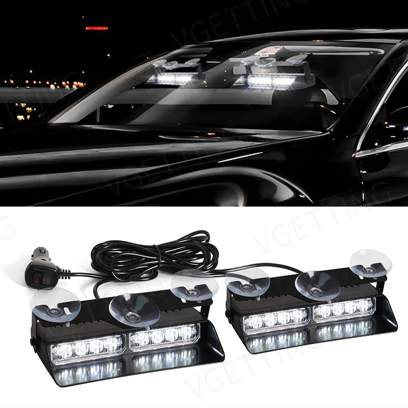 2-in-1 LED Car Front Strobe Lights For Flash Warning Lamp Windshield Bar 16 Beads Amber White Auto Light Assembly