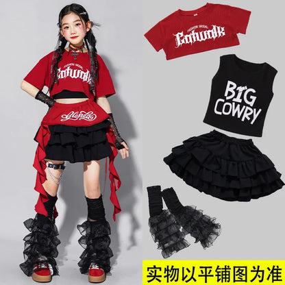 Girls K-pop Fashion Crop Top Bud Skirts Children Hip Hop Street Dance Costume Kids Streetwear Girl Group Jazz Summer Clothes Set