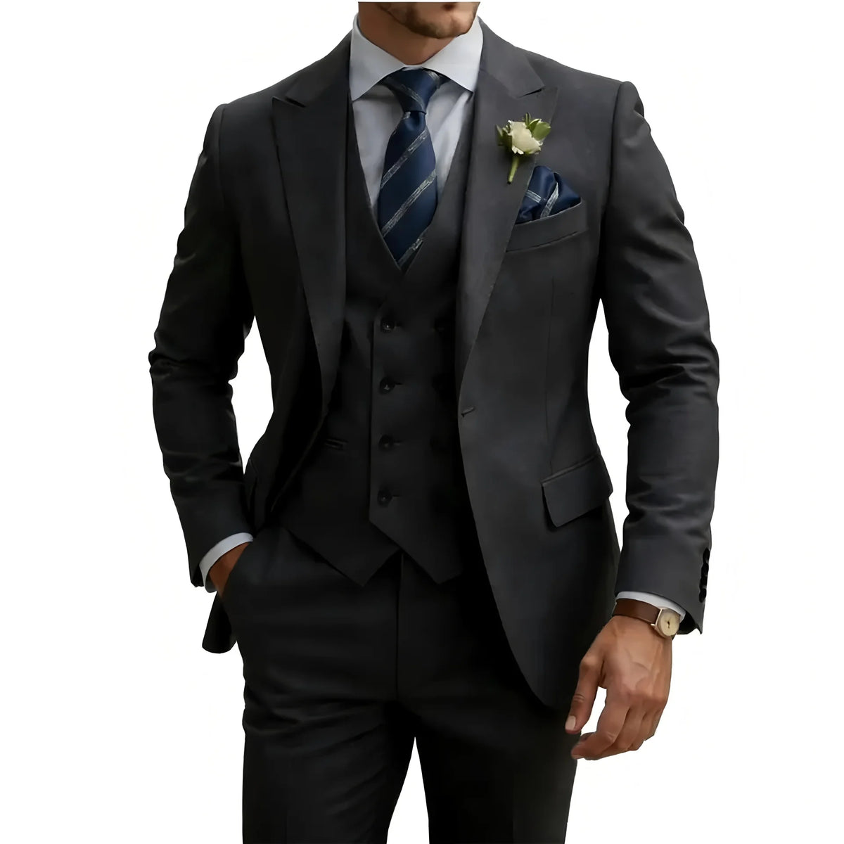 Slim Fit 3 Piece Men Suit Set, Formal Tuxedo Blazer Waistcoat Trousers for Wedding Prom Business Dinner Party