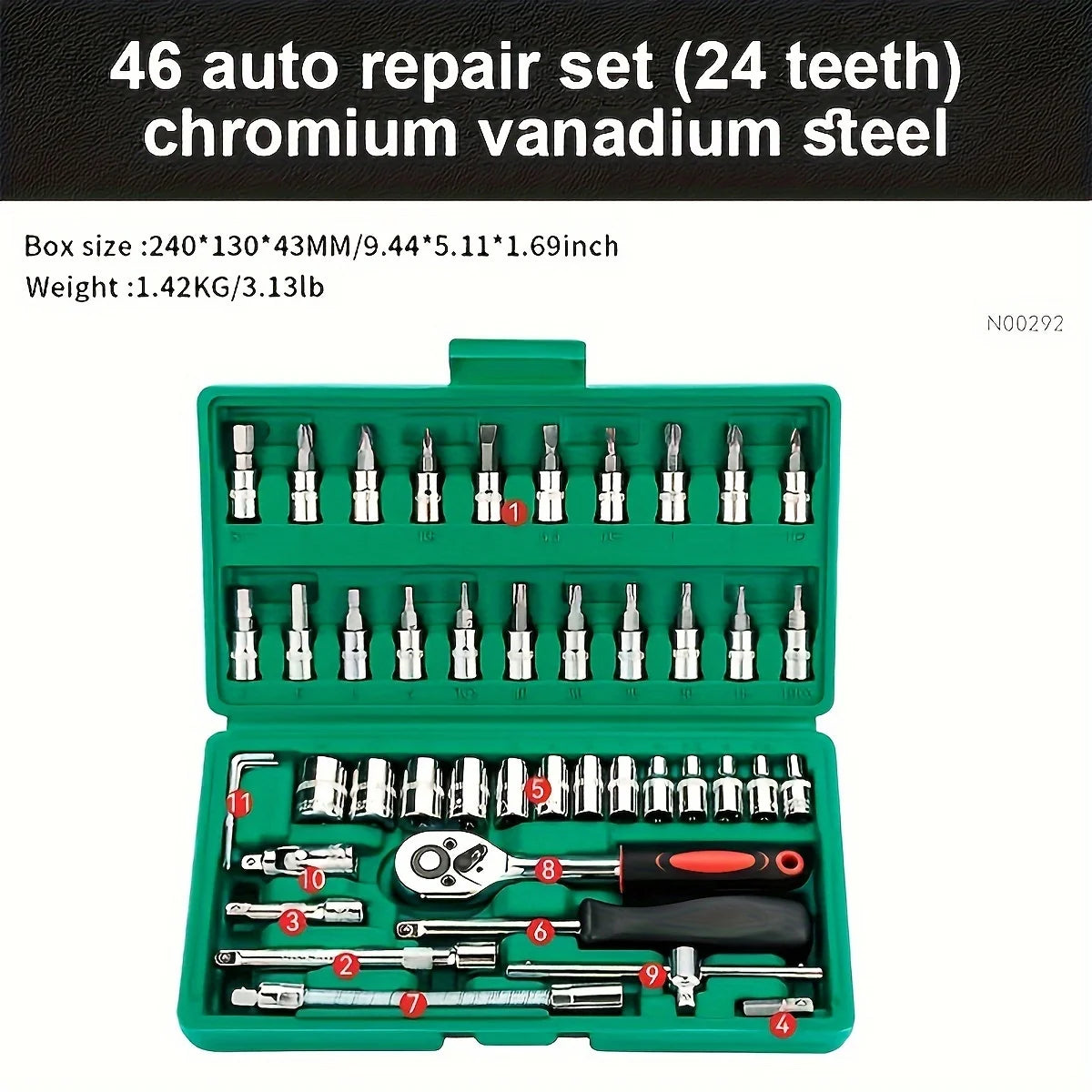 46pcs Set 1/4 Inch Drive Socket Ratchet Wrench Set, With Bit Socket Set Metric And Extension Bar For Auto Repairing