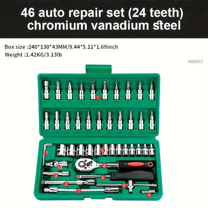 46pcs Set 1/4 Inch Drive Socket Ratchet Wrench Set, With Bit Socket Set Metric And Extension Bar For Auto Repairing