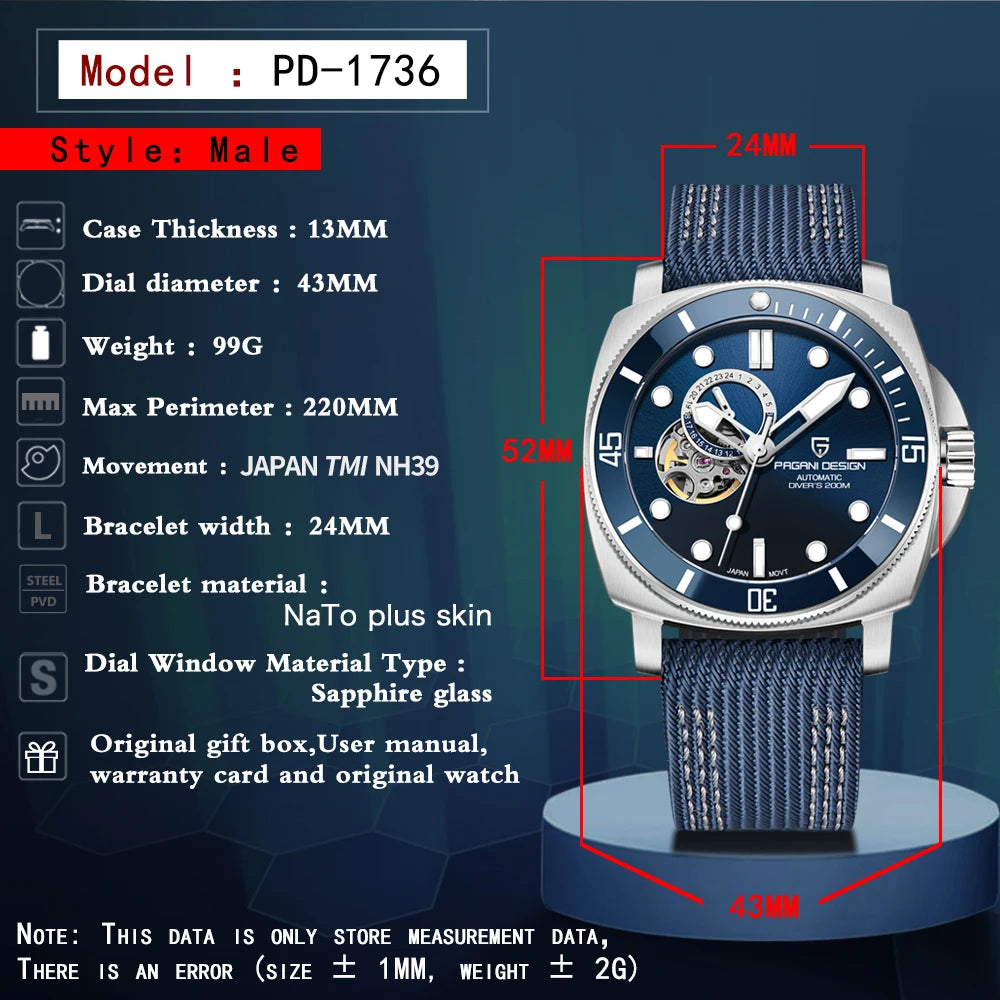 PAGANI DESIGN 2025 New Men Automatic Mechanical Watch NH39 Sapphire Glass Fashion Stainless Steel 200M Waterproof Reloj Hombre