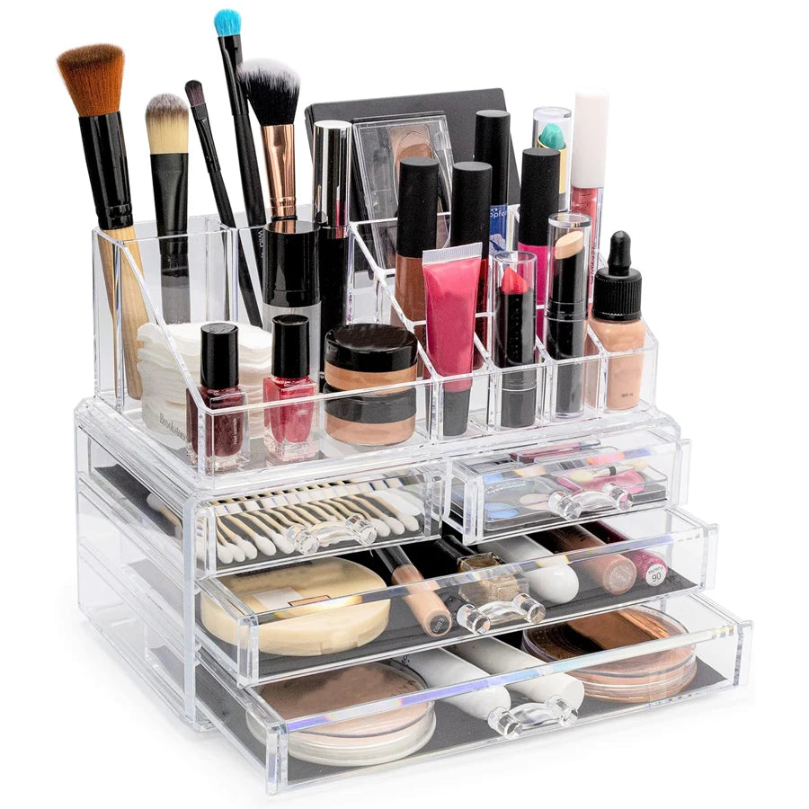 2-Tier Clear Makeup Organizer with Drawer, Acrylic Cosmetic Display Case for Makeup Vanity Bathroom Counter Organizers Storage