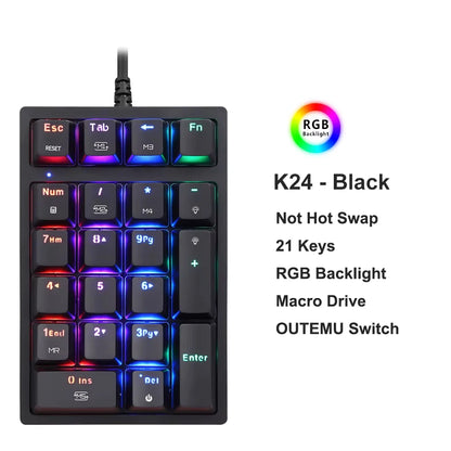 K24Pro 21Keys Number Pad Mechanical Numeric Keypad Hot-Swap Wired Motospeed Numpad Gaming Mini Keyboard Programming Keypads