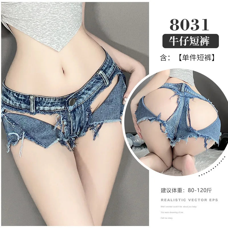 Sexy Low-rise Open Crotch Shorts Bodysuit with Distressed Denim Nightclub Lingerie Set