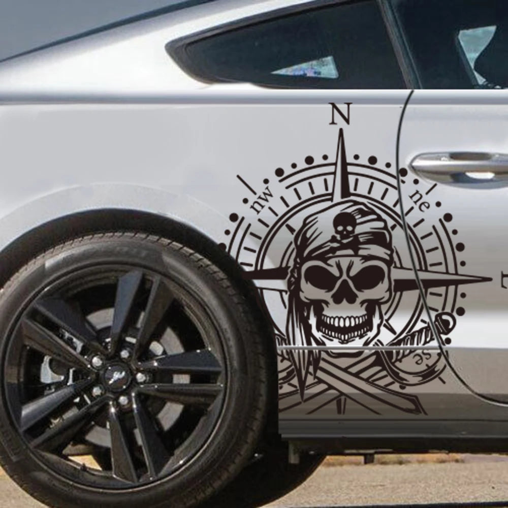 Large Pirate Compass Skull Car Sticker Decal Nautical Wind Rose Auto Vehicle Body Door Hood Bumper Vinyl Decor
