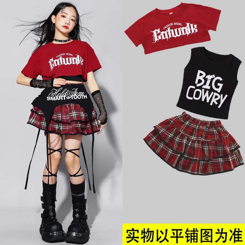 Girls K-pop Fashion Crop Top Bud Skirts Children Hip Hop Street Dance Costume Kids Streetwear Girl Group Jazz Summer Clothes Set