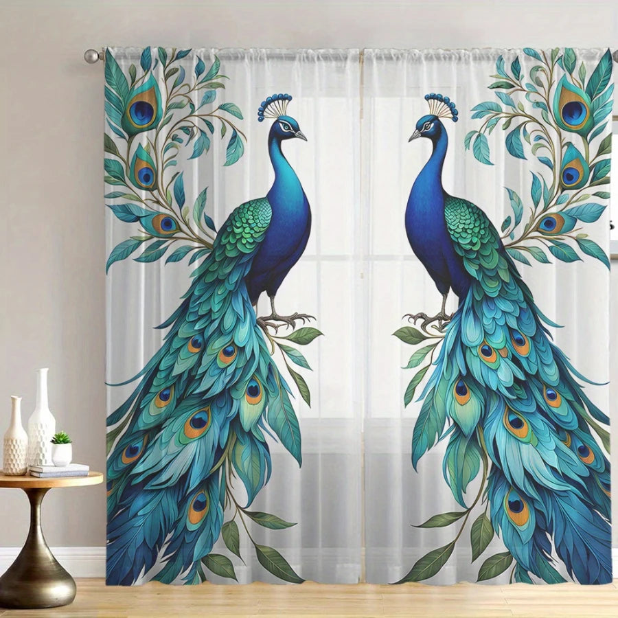 2PCS Digital Print Sheer Curtains, Symmetric Blue Peacock, Exotic Elegant Ornamental for Bedroom Living Room Home Decor