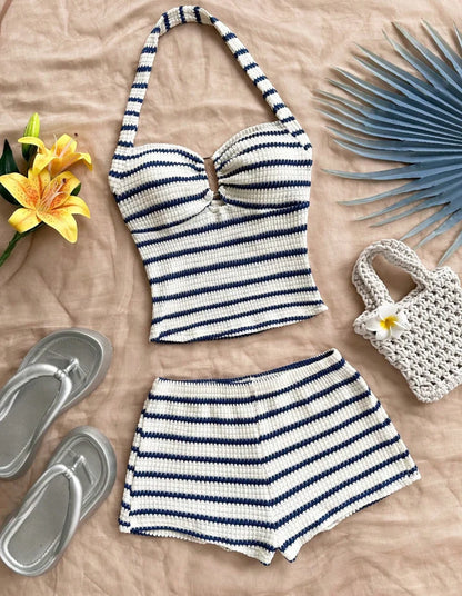 Summer Textured Knit Halter Top Shorts Two Piece Outfit, Classic Nautical Stripes Paired With Breathable Knit Fabric, Ideal For