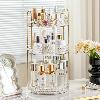 Rotating Cosmetic Organizer 3 Tier Transparent Diamond Pattern Cosmetic Rack Bathroom Cosmetic Vanity Organizer Countertop