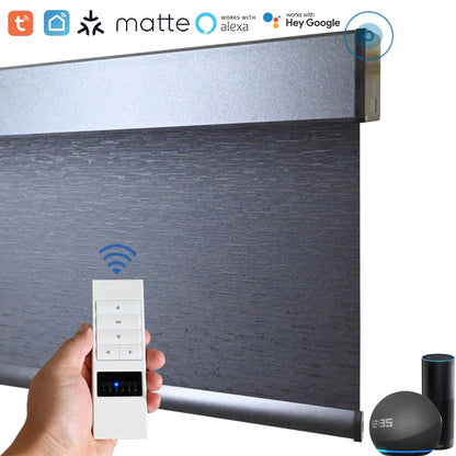 SmartMatters Blackout Roller Shades for Windows Cordless Motorized Blinds, Bedroom, Tuya Zigbee Alexa Google Matter Compatible