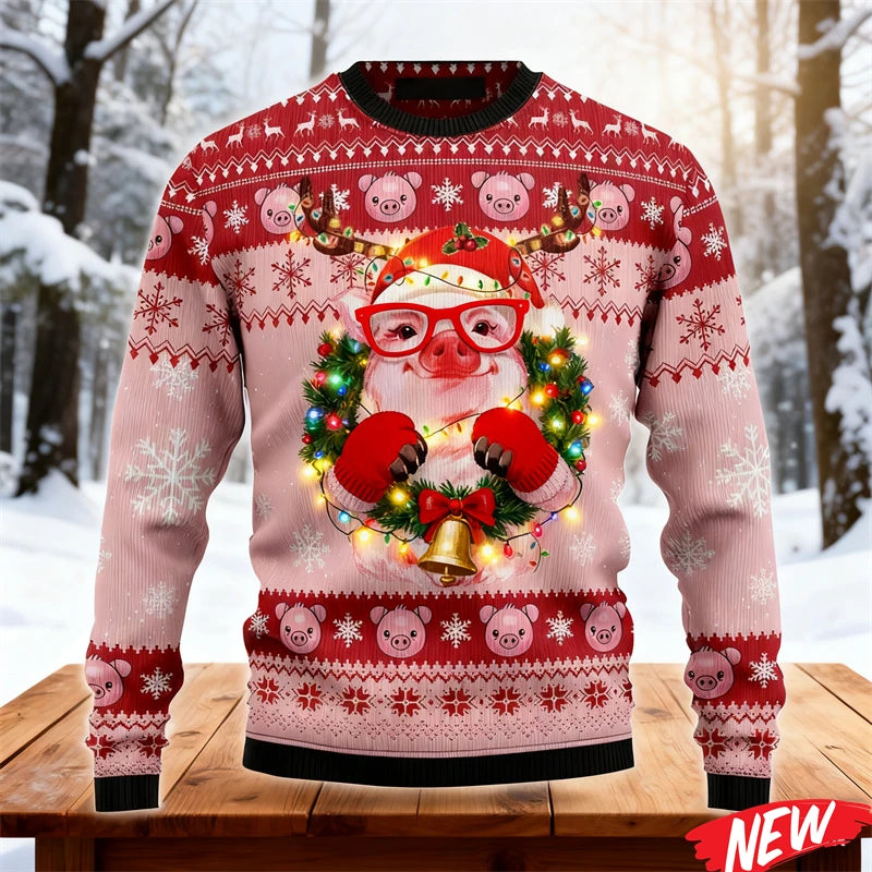 2026 Ugly Christmas Sweater For Men Cute Animal Pig Pattern Oversized Sweatshirt Family New Year Holiday Round Neck Hoodie