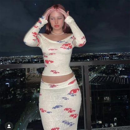 Y2K Eye Print One Shoulder Long Sleeve T Shirt Slim Fit Sexy with Hip Wrap Long Skirt Set for Women
