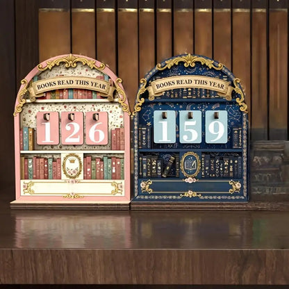 Wooden Book Reading Counter Vintage Year Tracker Multi-Purpose Bookshelf Ornament Home Office Gift for Reading Enthusiast