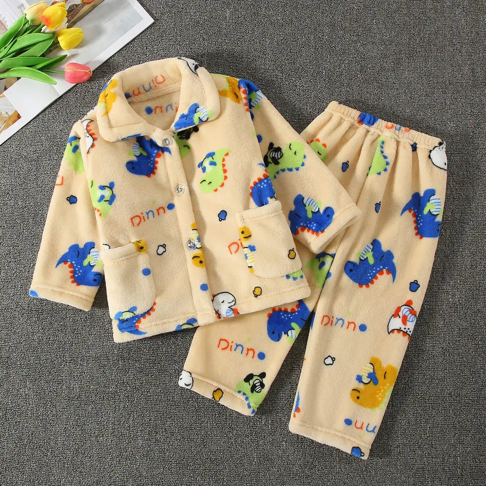 Girls' sleepwear long sleeved flannel children's sleepwear autumn and winter coral fleece boys' baby children's home Clothing se