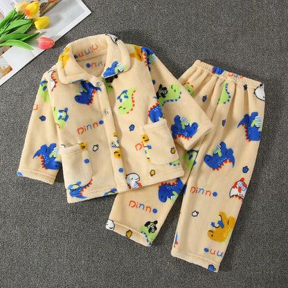Girls' sleepwear long sleeved flannel children's sleepwear autumn and winter coral fleece boys' baby children's home Clothing se