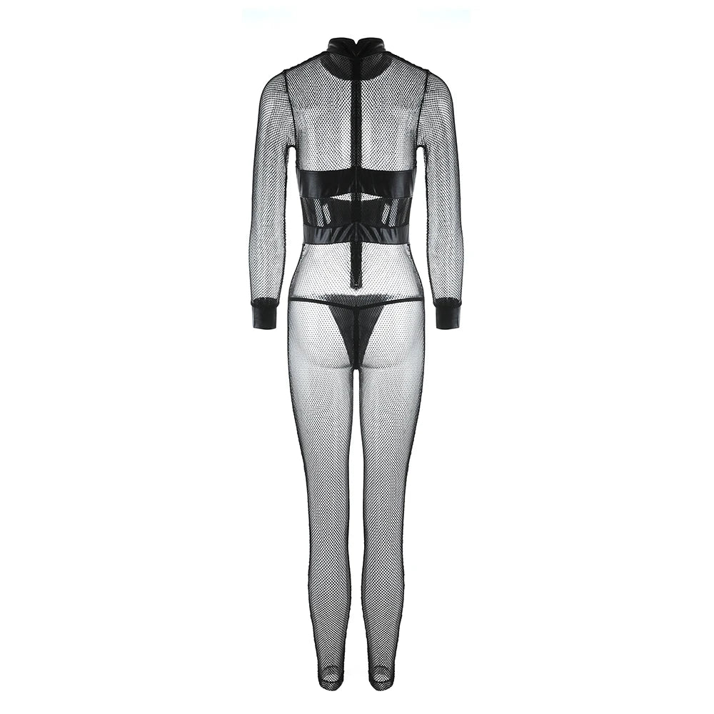Women's Mesh Catsuit Sheer Lace Long Sleeve Mock Neck Bodycon Jumpsuit Unitard Bodysuit