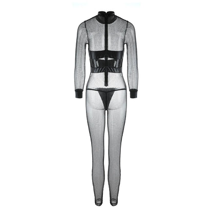 Women's Mesh Catsuit Sheer Lace Long Sleeve Mock Neck Bodycon Jumpsuit Unitard Bodysuit
