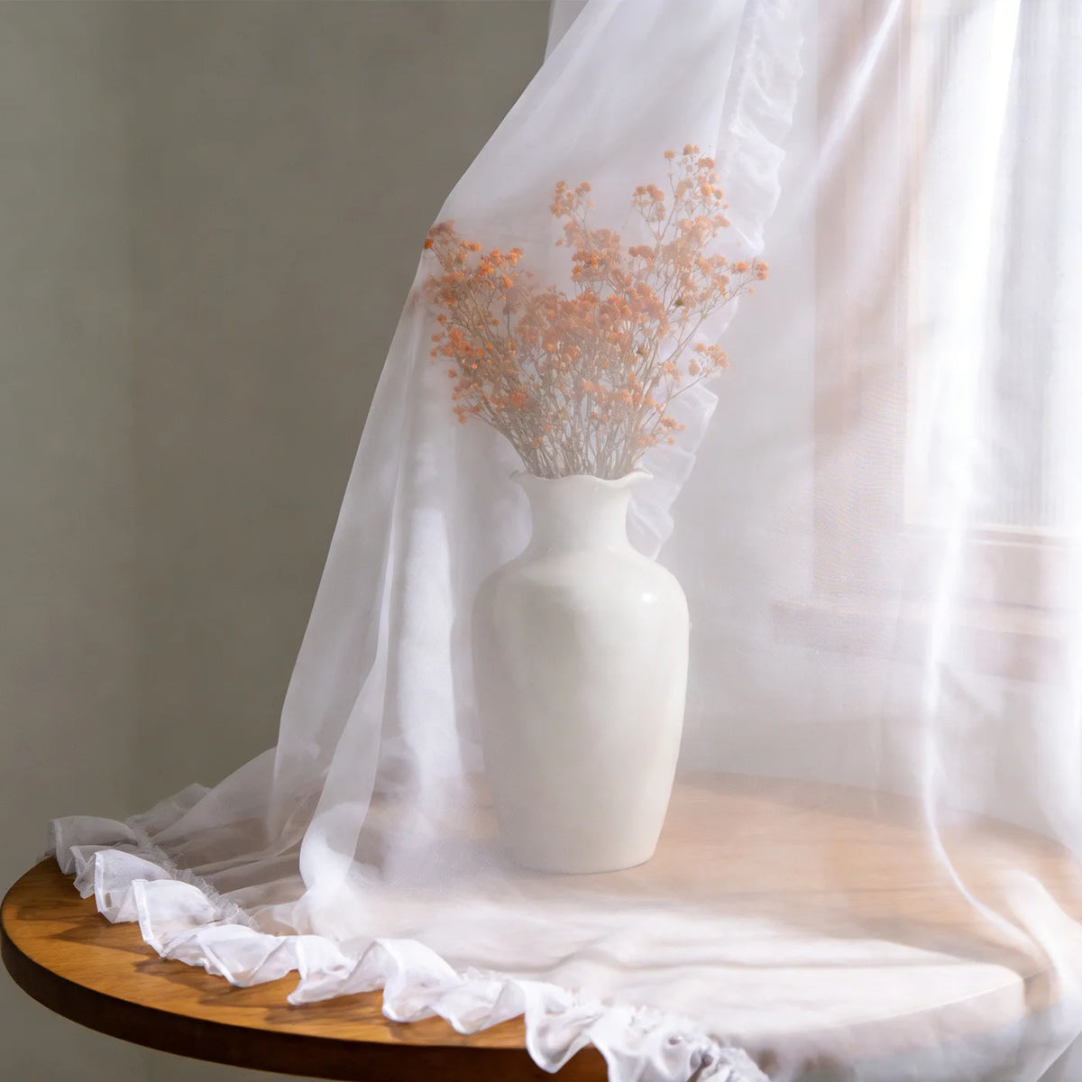 1PC Rod Pocket White Ruffle Edge Sheer Curtain, Light Filter Window Drape, For Kitchen Living Room, Sweet Housewarming Gift