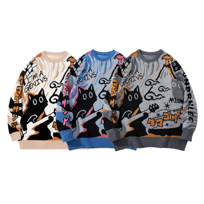 2026 Spring/Summer Men's and Women's Retro Cartoon Pattern Knitted Sweater - Loose and Comfortable Long-Sleeved Knitted Sweater