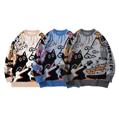 2026 Spring/Summer Men's and Women's Retro Cartoon Pattern Knitted Sweater - Loose and Comfortable Long-Sleeved Knitted Sweater